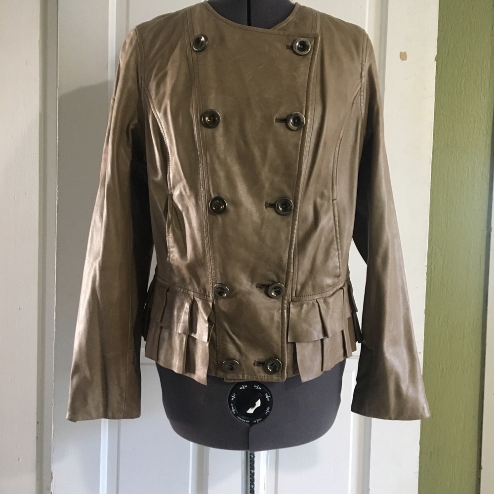 Old navy distressed leather tan ruffled jacket m